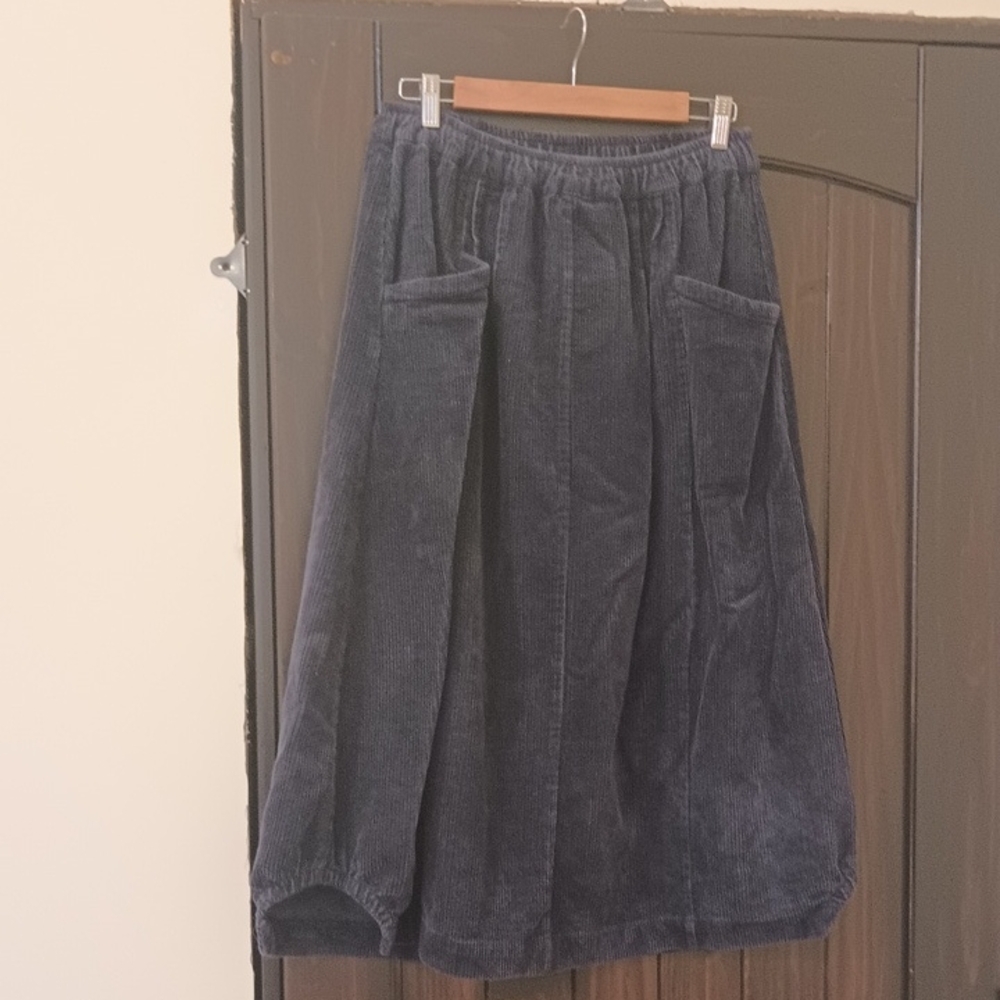 Navy Corduroy Midi Skirt with Pockets